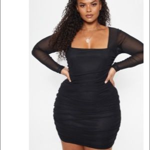 Ruched mesh black dress